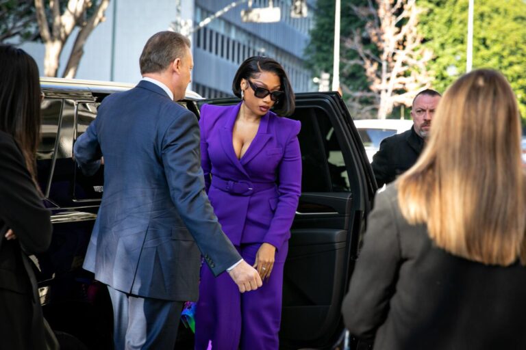 Megan thee stallion whose legal name is megan pete arrives at court to testify in the trial of rapper tory lanez for allegedly shooting her